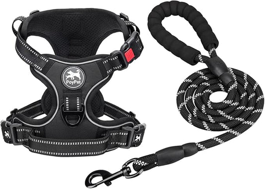 PoyPet Dog Harness and Leash Combo, Escape Proof No Pull Vest Harness, with 5 Feet Leash, Reflective Adjustable Soft Padded Pet Harness with Handle for Small to Large Dogs(Black,L)
