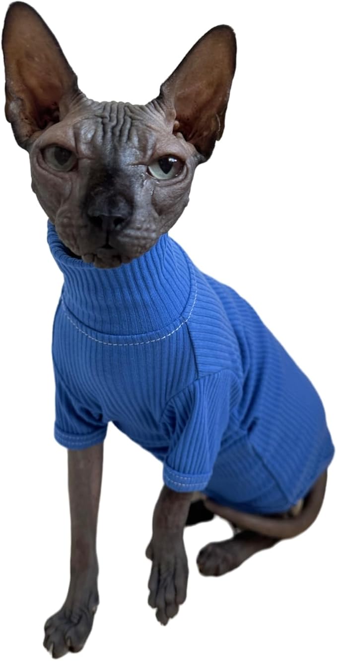 Sphynx Cats Shirt Cat Turtleneck Cotton Sweater Pullover Kitten T-Shirts with Sleeves Cat Pajamas Jumpsuit for Sphynx Cornish Rex, Devon Rex, Peterbald (Medium (Pack of 1), Deep Blue)