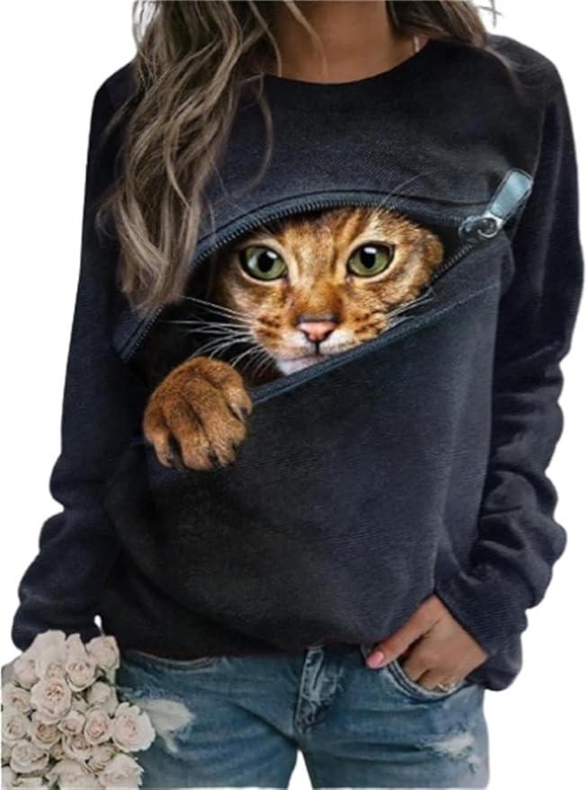 IVERIRMIN Women's 3D Cute Cat Print Sweatshirt Casual Long Sleeve Crewneck Cute Cat Pullover Loose Fit Shirts