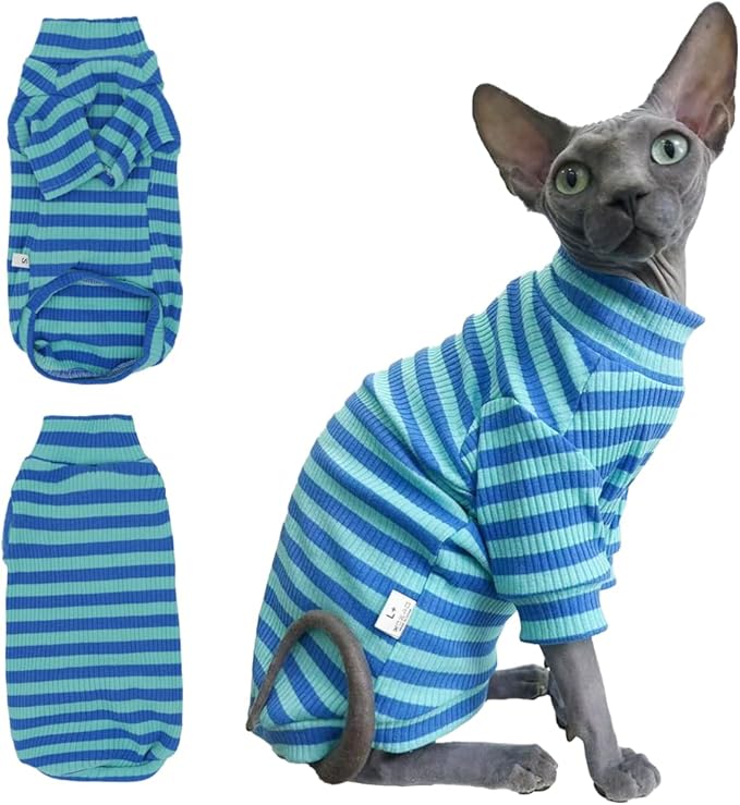 Striped Waffle Knit Shirt for Sphynx Cat, 2-Leg Long Sleeve Lightweight Outfit for Hairless Cats, Soft All-Season Pet Clothes (Blue, X-Large (7-9.5 lbs))