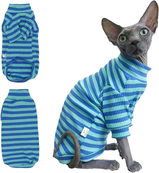 Striped Waffle Knit Shirt for Sphynx Cat, 2-Leg Long Sleeve Lightweight Outfit for Hairless Cats, Soft All-Season Pet Clothes (Blue, X-Large (7-9.5 lbs))