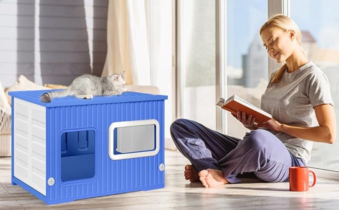 Plastic Cat House for Outdoor Indoor Use, Stackable Feral Cat Shelter Indoor Cat House Weatherproof Waterproof Elevated, with 2-Sided Cushion (Blue White)