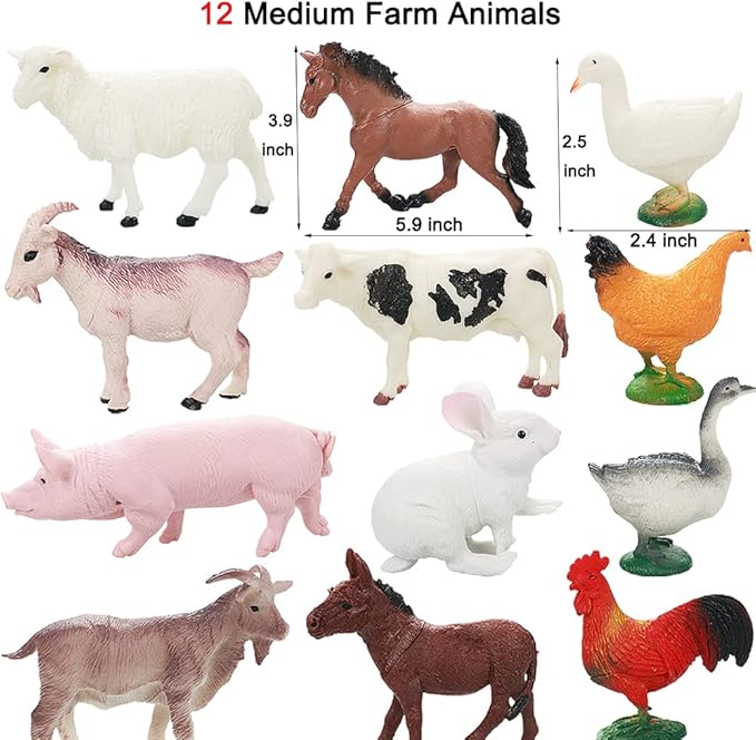 Realistic Farm Animal Figures Toys, 44 Pcs Plastic Farm Figurines Playset Includes Fences Mini Farm Animal Cake Topper Learning Toy Set for Kids & Toddlers