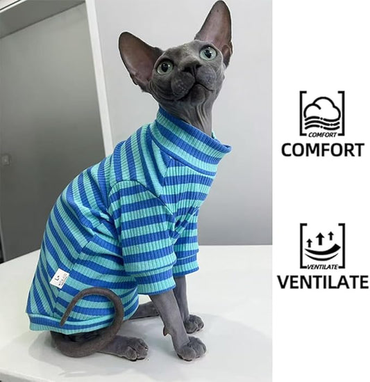 Striped Waffle Knit Shirt for Sphynx Cat, 2-Leg Long Sleeve Lightweight Outfit for Hairless Cats, Soft All-Season Pet Clothes (Blue, XX-Large (9.5-12 lbs))
