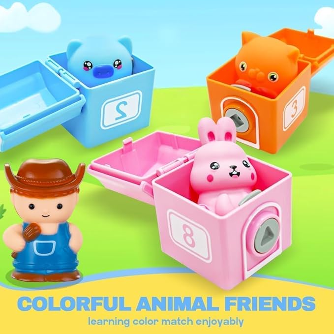 Farm Animals Train with 11 Finger Puppets, 10 Barns with Keys, Counting, Matching, Sorting Montessori Learning Toy for Toddler 1 2 3 4 Years Old, Educational Birthday Gift for Boys Girls Kids, 36PCS