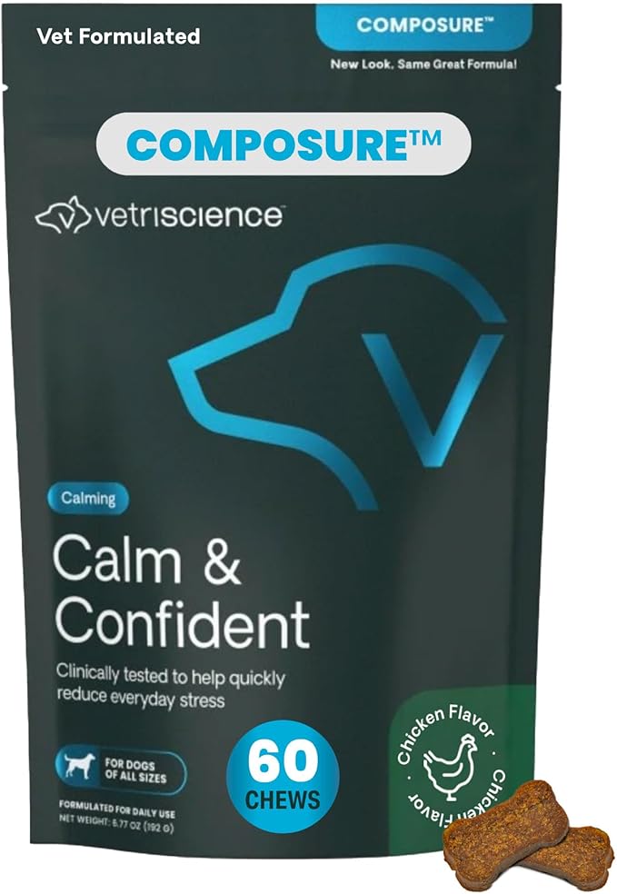 VetriScience Calm & Confident Chews, Composure Clinically Tested Calming and Anxiety Supplement for Dogs, Reduce Stress and Fear, Ideal for Thunderstorms, Fireworks and Travel, Chicken, 60 Count