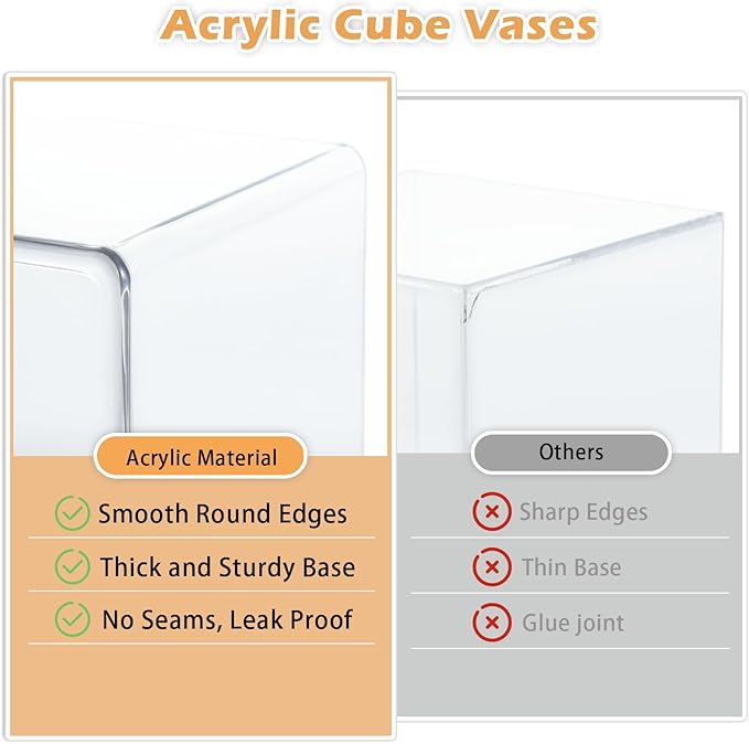 2 Pack Acrylic Cube Vases 4 X 4 Inch, Clear Square Vases, Shatterproof Flower Vase Decorative Centerpiece for Home, Wedding