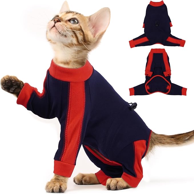 Cat Pajamas for Cats Only, Sticky Hair Cat Clothes, Long Sleeve Sphynx Clothes, Anti-Licking or Skin Disease Recovery Suit for Female Cats, Kitten Onesie Pajamas, DarkBlue, S