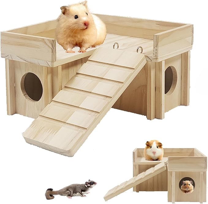 Natural Wood Small Pet Hideout with Climbing Ladder & Multi-Room Maze Sturdy Hamster House for Chinchilla, Sugar Gliders, Dwarf Hamster No Tools Assembly Cage Accessory