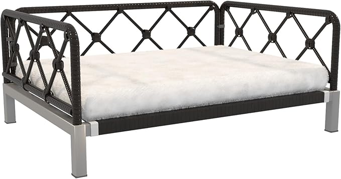 Wicker Dog Bed with 2" Cushion,Rattan Dog Sofa Bed for Small Medium Dogs– Indoor/Outdoor Metal Frame Pet Bed up 66lbs(Black Rattan White Cushion)
