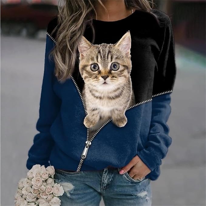 IVERIRMIN Women's 3D Cute Cat Print Sweatshirt Casual Long Sleeve Crewneck Cute Cat Pullover Loose Fit Shirts