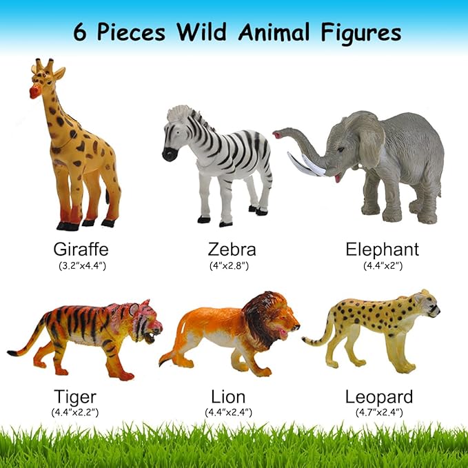 Lchen Safari Animals Figures, 4" Zoo Safari Plastic Figurine Model Decoration with Tiger Leopard Lion Giraffe Zebra Elephant (Pack of 6)
