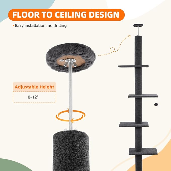 Cat Tree Floor to Ceiling Cat Tower 5-Tier Carpet Kitten Tree Cat Climbing Tower with Adjustable Height 98"-108", Tall Cat Trees with Platforms and Dangling Balls for Indoor Cats, Dark Grey