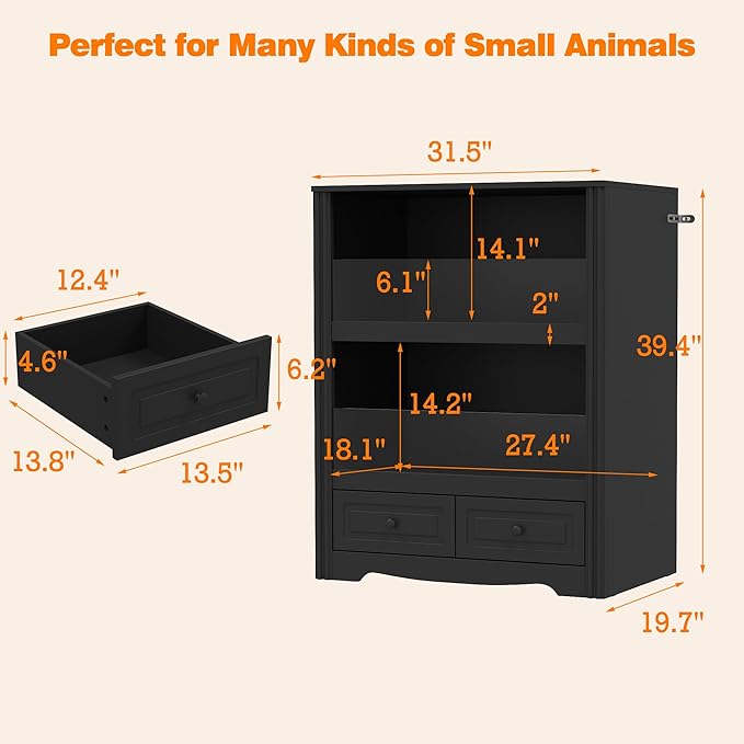 Guinea Pig Cages, Small Animal Hamster Critter Nation Cage and Habitats, Small Animal Observation Box, Guinea Pig Cabinet with 2 Layers, 2 Large Drawers, Black