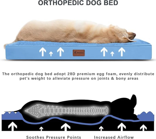 MIHIKK Waterproof Dog Bed Medium Size Dog Orthopedic Pet Beds for Crate with Removable Washable Cover Egg-Crate Foam Pet Pad Mat with Anti-Slip Bottom, 35x22 Inch, Blue