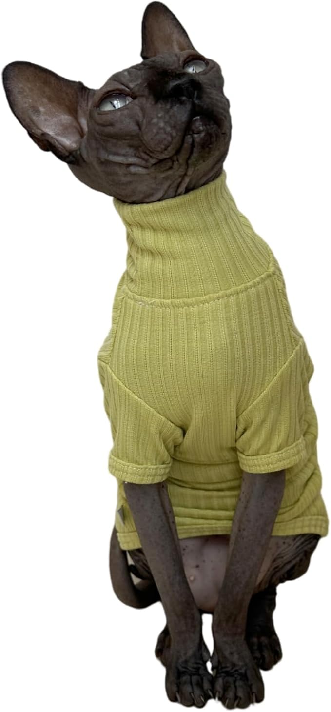 Sphynx Cats Shirt Cat Turtleneck Cotton Sweater Pullover Kitten T-Shirts with Sleeves Cat Pajamas Jumpsuit for Sphynx Cornish Rex, Devon Rex, Peterbald (Medium (Pack of 1), Green Yellow)