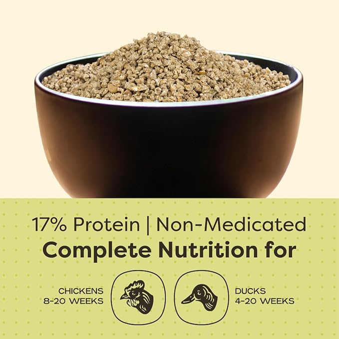 Scratch and Peck Feeds Whole Grain Grower Crumbles Chicken and Duck Feed - 25 lbs Bag - Corn-Free and Soy-Free - 17% Protein, Certified Organic and Non-GMO Project Verified Chicken Food