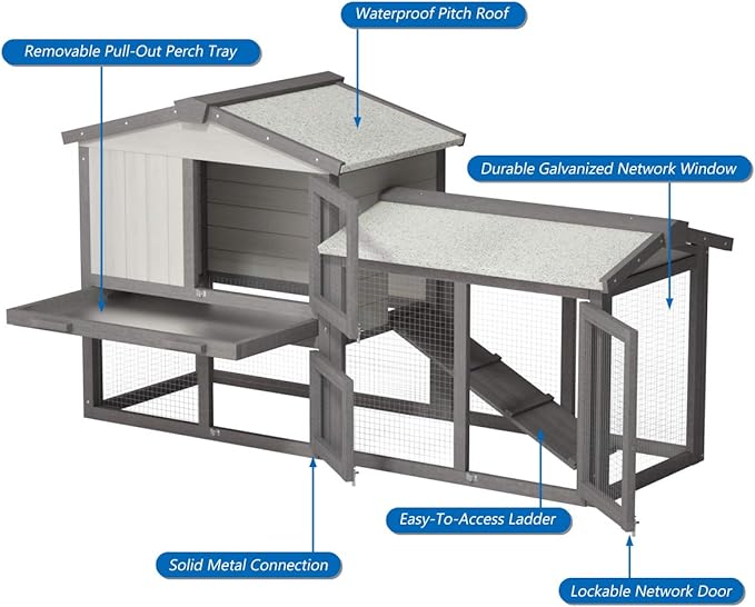 Tangkula Large Chicken Coop, 58‘’ Wooden Hen House Outdoor Backyard Garden Bunny Rabbit Hutch with Ventilation Door, Removable Tray & Ramp Chicken Coop (58 inches) (Gray)