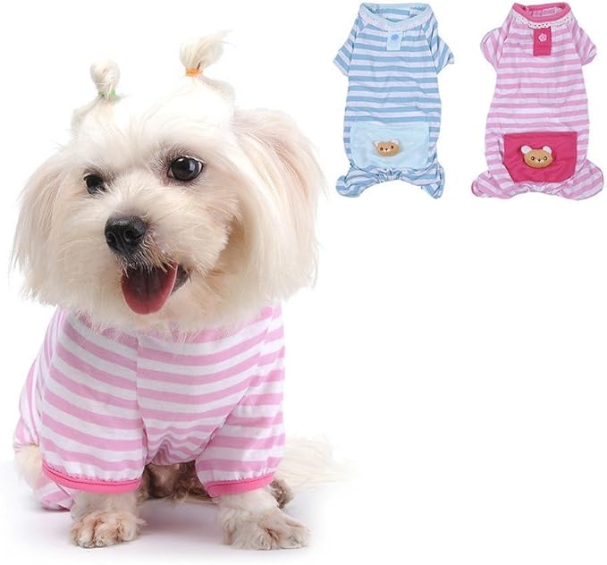 Pet Dog Pajamas Soft Cotton Shirt Jumpsuit Cute Overall Doggy Cat Strip Clothes Comfortable Apparel for Play Sleep