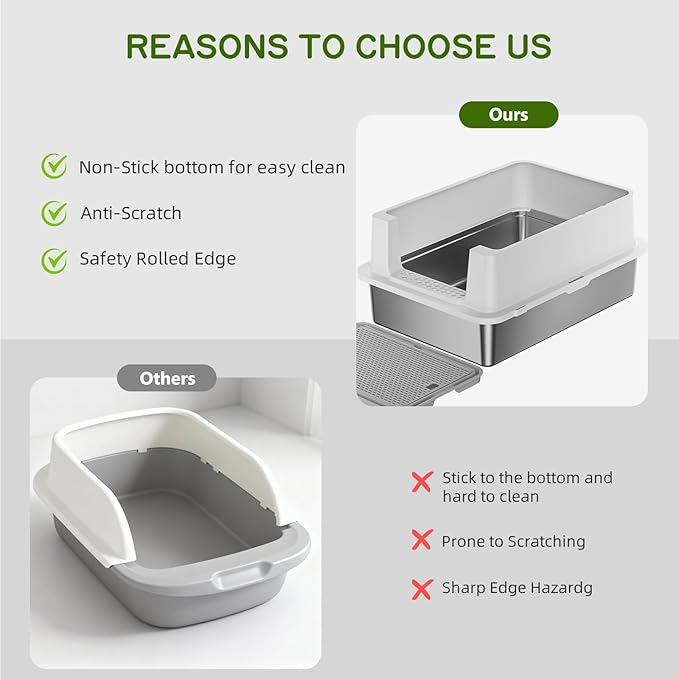 Stainless Steel Litter Box - 28" Extra Large XXXL Cat Litter Box with High Sides, Non-Sticky & Anti-Leakage for Big Cats/Multiple Cats, Includes Heavy Duty Metal Scoop, Grey