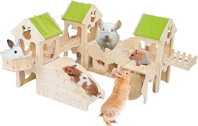 Wooden Guinea Pig Hideout, Bunny Houses and Hideouts Climbing Toys, Hamster Maze, Small Animal Accessories for Rabbit, Chinchilla, Rat, Mice, Gerbil (Combinations 12)