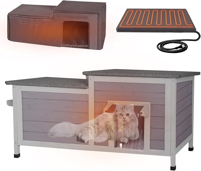GUTINNEEN Heated Cat House for Outdoor Insulated Feral Cat Shelter Weatherproof for Winter with Heater and Insulated Liner