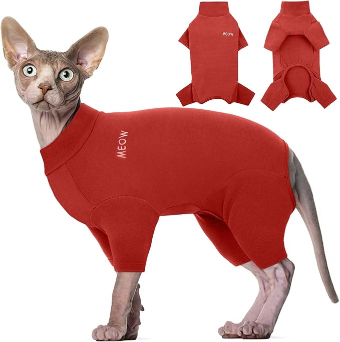 ROZKITCH Hairless Cat Clothes, Breathable Soft Cat Jumpers for Cats Only, Cat Coat with Four Legs, Warm Cat Sweater Cat T-Shirt Cat Pajamas Jumpsuit Vest Cornish Rex Devon Rex Peterbald Red 2XL