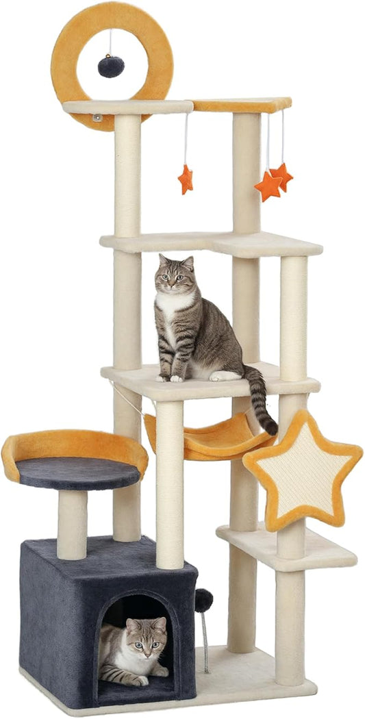 PawHut Cat Tower, 63 Inch Tree for Large Adult Indoor Cats with Scratching Post, Hammock, Condo, Bed, Scratching Board & Toys, Moon and Star Themed Cat Tree Tower, Beige