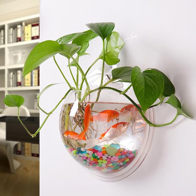 Mipcase Air Plants Fish Aquarium Fish Tank, Wall Mounted Fish Bowl Hanging Aquarium Fish Tank Vase Transparent Small for Home Office Room Decor (15cm Diameter) Betta Glass Vase