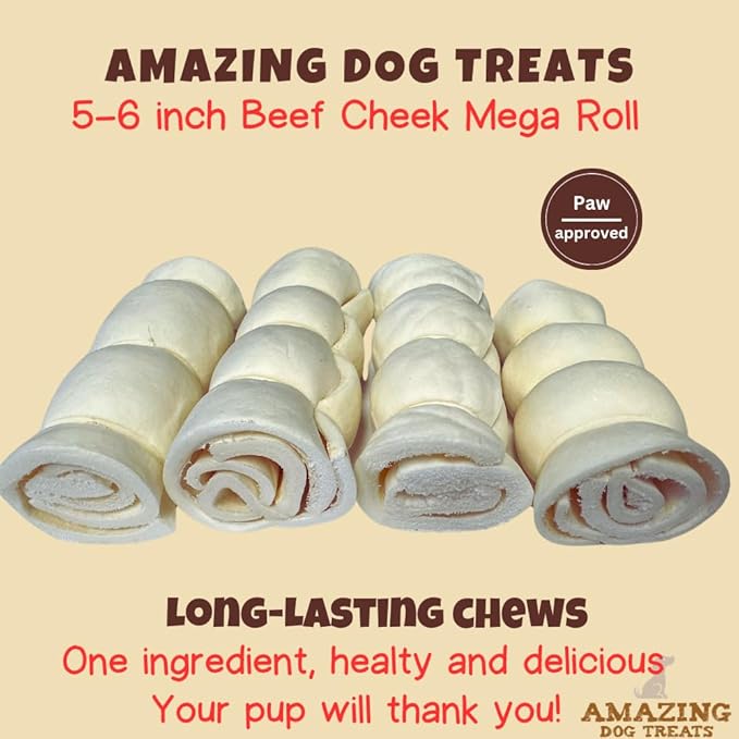 Amazing Dog Treats - Beef Cheek Rolls (Mega Thick 5-6" - 4 Pcs) - Safe Rawhide Alternative Dog Chew - Great for Power Chewers - Long Lasting Dog Chew - Retriever Rolls for Dogs