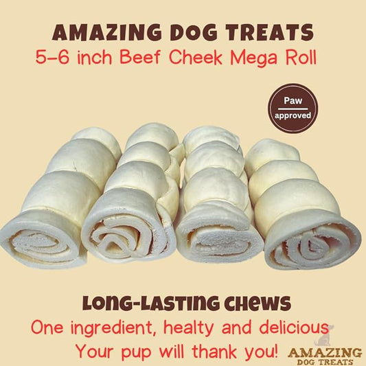 Amazing Dog Treats - Beef Cheek Rolls (Mega Thick 5-6" - 4 Pcs) - Safe Rawhide Alternative Dog Chew - Great for Power Chewers - Long Lasting Dog Chew - Retriever Rolls for Dogs