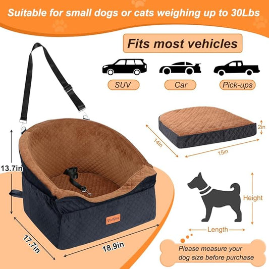 Vivifying Dog Car Seat for Small & Medium Dogs, Detachable & Washable Booster Seat for Pets Up to 30lbs, Travel Bed with Storage Pockets and Safety Belt – Brown&Black