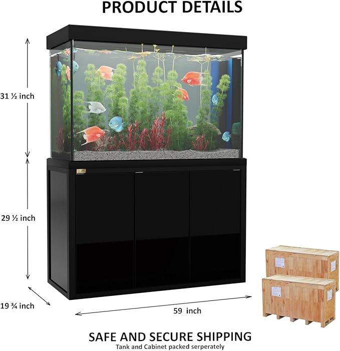 175 Gallon Aquarium Fish Tank with Upright Fishtank Stand Water Pump Freshwater Filter LED Bundle and Straight Corners Clear Glass - All Black