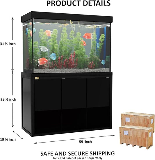 175 Gallon Aquarium Fish Tank with Upright Fishtank Stand Water Pump Freshwater Filter LED Bundle and Straight Corners Clear Glass - All Black