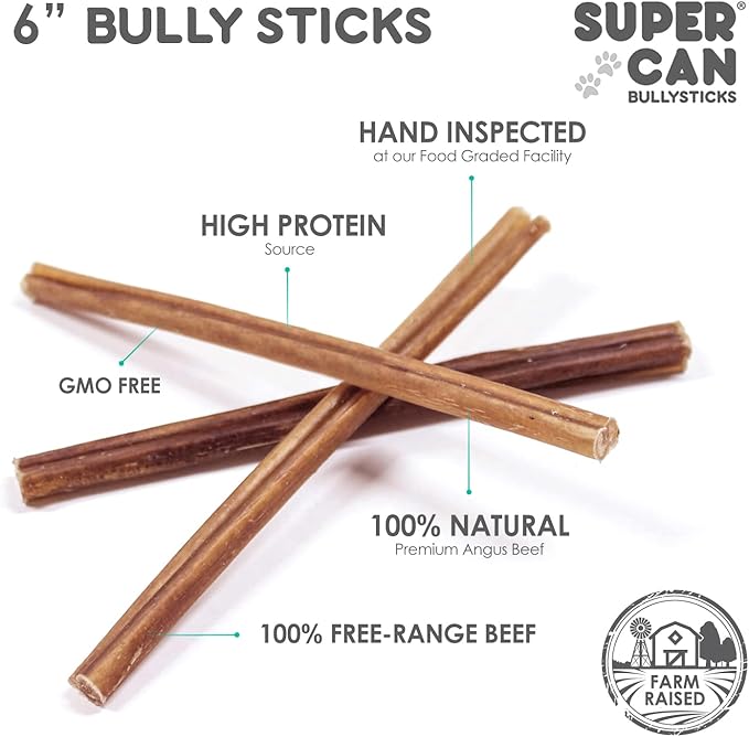 Junior Bully Sticks for Puppies and Small Dog Breeds, 100% Natural Dog Chews, Non-GMOs, Long-Lasting, Free-Range Grass-Fed Beef Sticks