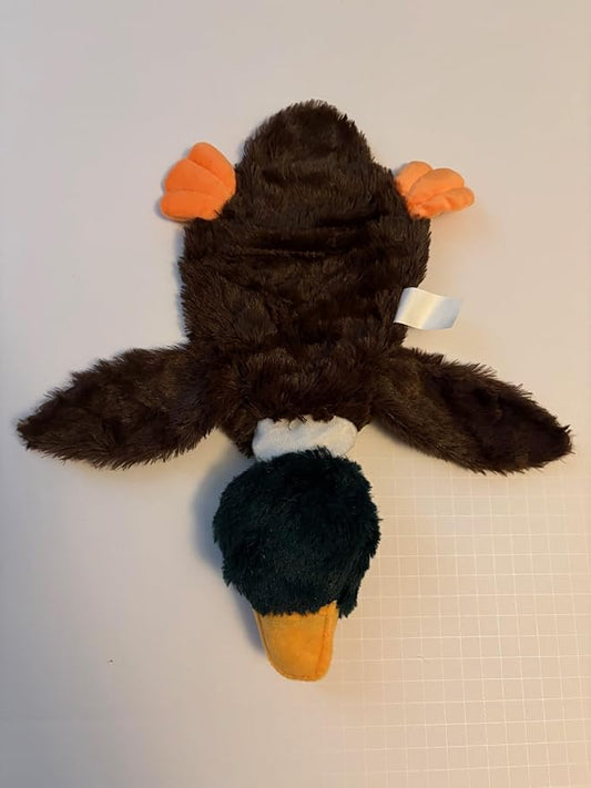Plush Duck Dog Toy, Stuffless Design with Squeaker, Brown and Green