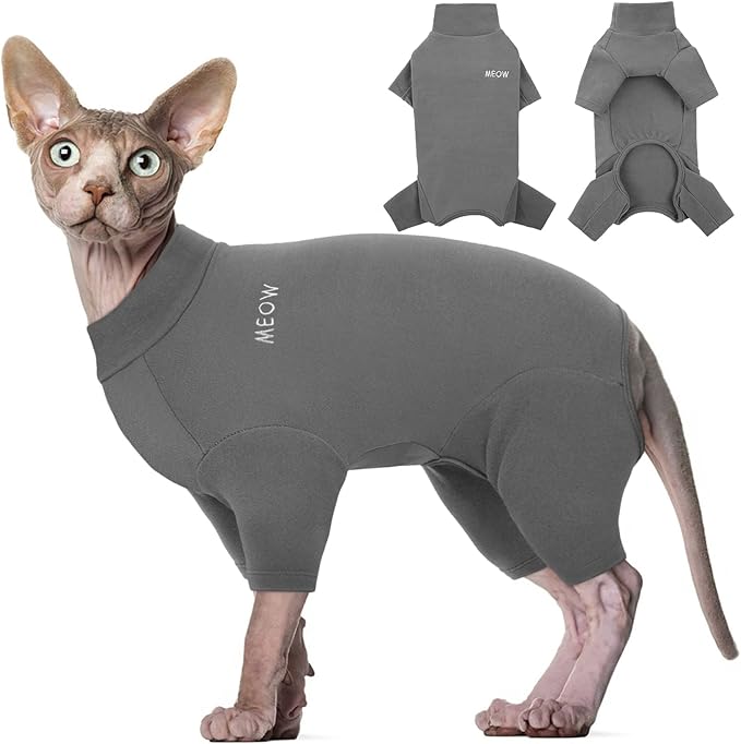 ROZKITCH Hairless Cat Clothes, Breathable Soft Cat Jumpers for Cats Only, Cat Coat with Four Legs, Warm Cat Sweater Cat T-Shirt Cat Pajamas Jumpsuit Vest Cornish Rex, Devon Rex, Peterbald Grey S