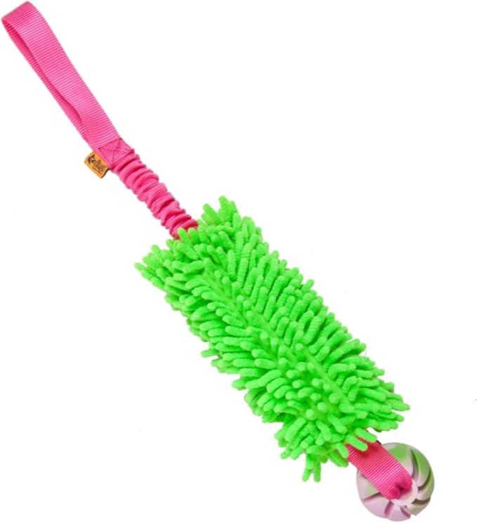 Dingo Dog tug of war toy for outdoor play traning agility,cuddly and shaggy plush tug toy for motivation and fun, soft nubby-textured noodle plush with bungee shock absorber and rubber ball green15589