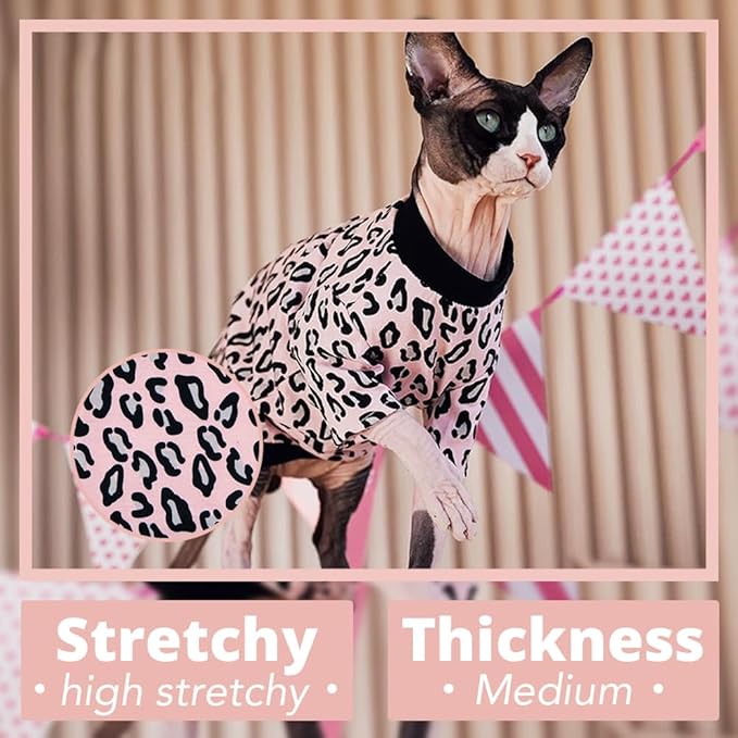 Sphynx Cat Clothes, Hairless Cat Shirt, Soft Stretchy Sweater for Cats, Breathable Cat Daily Outfit, Cat Pullover for Cornish Rex, Devon Rex (Pink Leopard Pattern, L (5-6.5lbs))