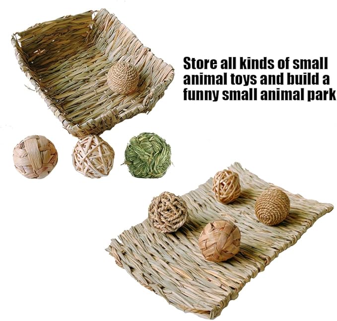 Hamiledyi Rabbit Grass Bed Natural Handmade Hay Mat Chew Balls for Rabbit Gerbil Chinchilla Guinea Pig Ferret Other Small Animals(7 Pcs)