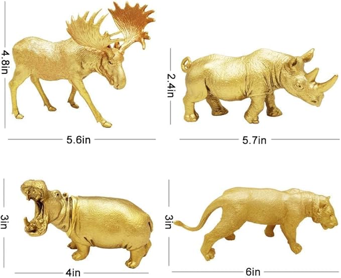 Metallic Gold Plastic Animal Figurines Toys, 12PCS Golden Safari Zoo Animal Figures, Jungle Wild Animals with Elephant, Lion, Giraffe for Baby Shower Decor, Safari Themed Birthday Party