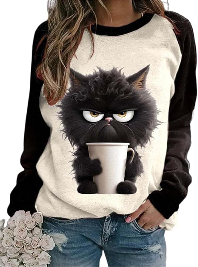 IVERIRMIN Women's 3D Cute Cat Print Sweatshirt Casual Long Sleeve Crewneck Cute Cat Pullover Loose Fit Shirts