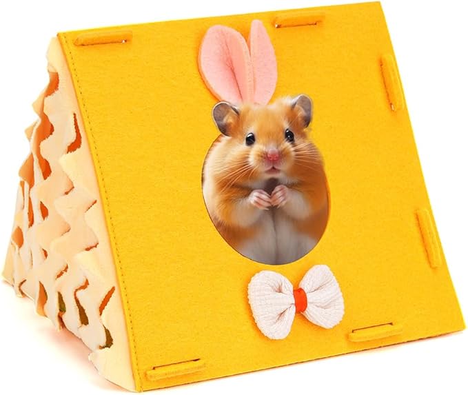 Hamster Hideout Tent (7"×6.5"×5.7") - Hamsters Hut with Bunny Ears, Tassel Curtain & Breathable Mesh - Small Pet Sanctuary for Hamsters,Young Guinea Pigs, Sugar Gliders