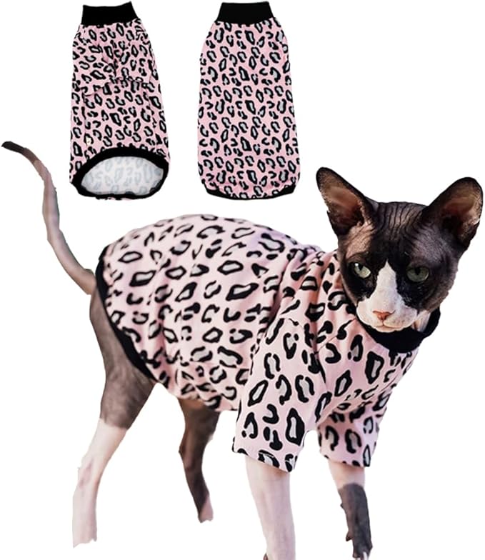 Sphynx Cat Clothes, Hairless Cat Shirt, Soft Stretchy Sweater for Cats, Breathable Cat Daily Outfit, Cat Pullover for Cornish Rex, Devon Rex (Pink Leopard Pattern, S (2.5-3.5lbs))