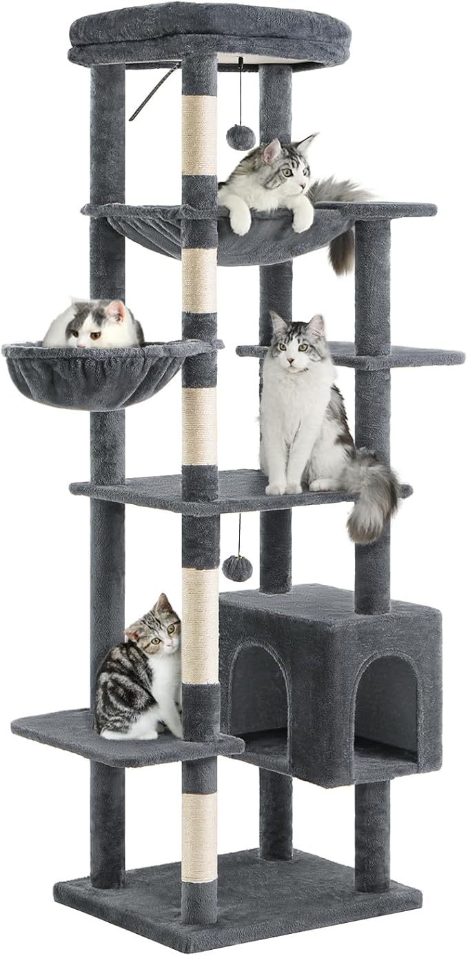 Made4Pets Tall Cat Tree, 71 Inches Cat Tree Tower for Indoor Cats Large Adult, Plush Multi-Level Cat Tower with 5 Scratching Posts, 2 Hammock, Condo and Perch, Big Cat House Indoor, Dark Grey