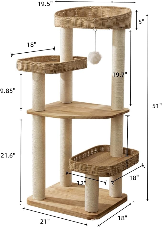 SHENGOCASE Modern Natural Wood Wooden Cat Tree Tower, 3 Large Rattan Wicker Basket Perch Beds with Cozy Cushion Sisal Scratching Post, Window View Design, for Cats up to 20 lbs