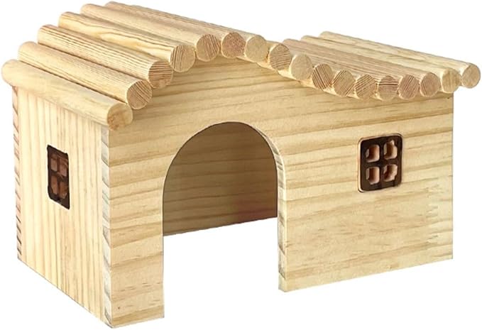 Guinea Pig Wood Hideout Hut with Window Small Animal Wooden House for Rat Chinchilla Hedgehog Hamster Rabbit Bunny (Large)