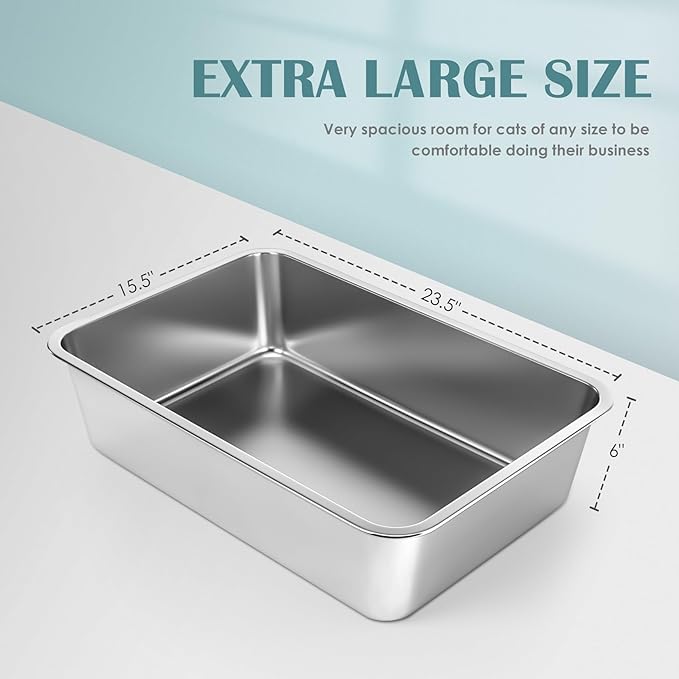 IKITCHEN Stainless Steel Cat Litter Box, Large Metal Litter Box for Cats, Never Absorbs Odors,Stain Free, Rustproof, Non Stick Smooth Surface 23.5" L x 15.5" W x 6" H