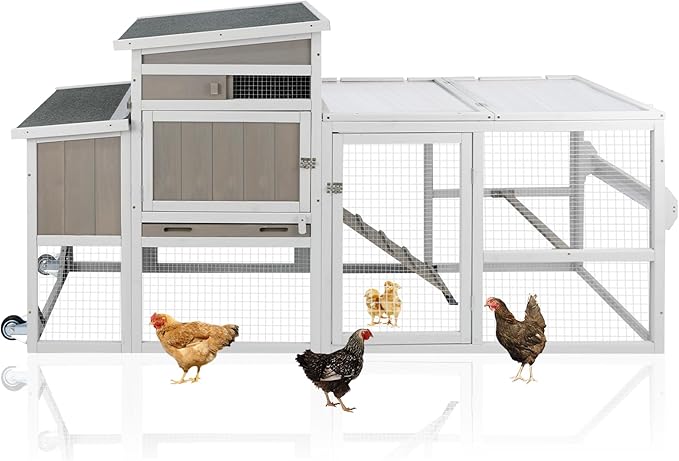 Chicken Coop with Run, Mobile Hen House with Wheels, Indoor/Outdoor Rabbit Hutch, Predator-Resistant, Nesting Box, 3 Perches, Tray, Combinable Design, for Chickens and Bunnies, Grey