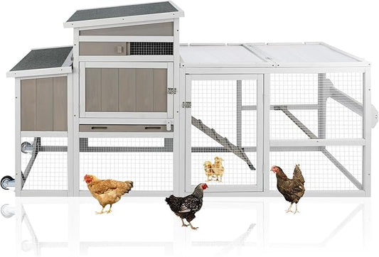 Chicken Coop with Run, Mobile Hen House with Wheels, Indoor/Outdoor Rabbit Hutch, Predator-Resistant, Nesting Box, 3 Perches, Tray, Combinable Design, for Chickens and Bunnies, Grey